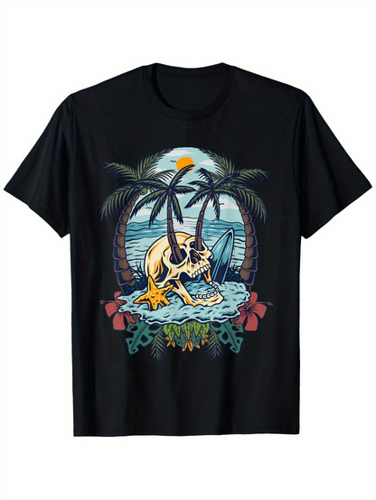 Men's Graphic T-Shirt Tropical Beach Scene With Palm Trees Skull Ocean And Surfboard Under The Sun