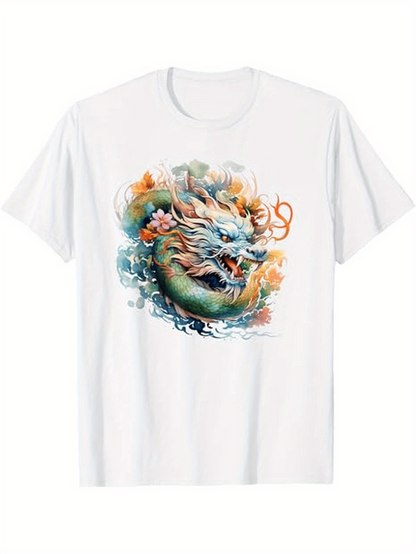 Men's Graphic T-Shirt Colorful Flowing Water And Fiery Clouds Surrounding Powerful Dragon