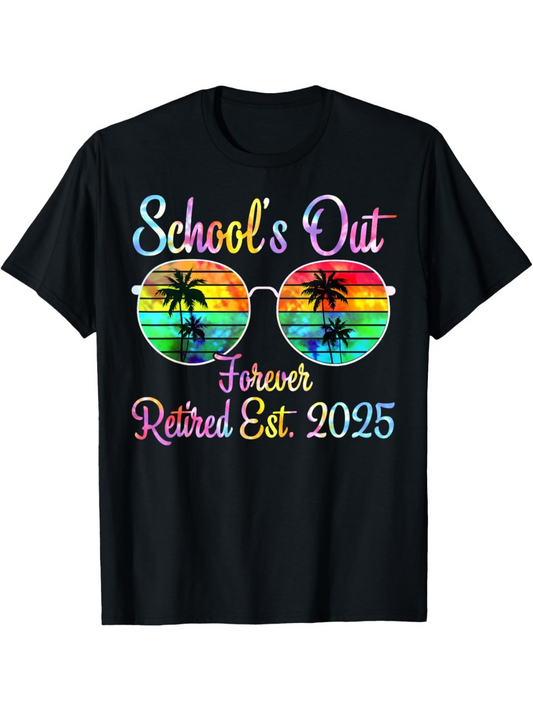 Men's Graphic T-Shirt Schools Out Forever Retired Est 2025 Vibrant Palm Trees Reflected In Rainbow Sunglasses Under Summer Sky