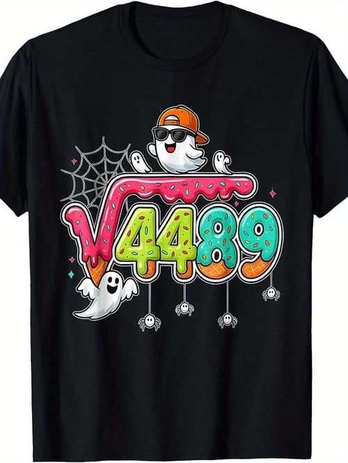 Men's Graphic T-Shirt Colorful Ghosts With Cartoon Spiders Webs And Root Number Digits