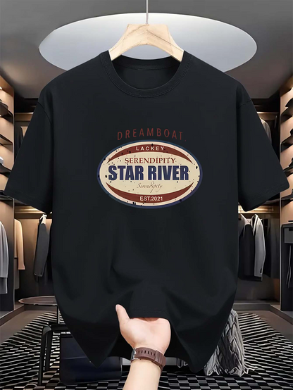 Men's Graphic T-Shirt Dream Route Vintage Poster With Typographic Accents Centered Oval Star River