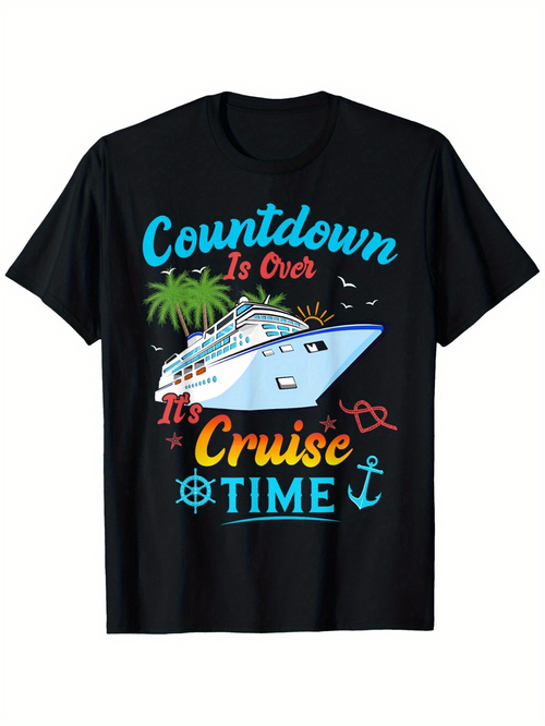 Men's Graphic T-Shirt Countdown Is Over Its Cruise Time Palm Trees Flamingos Ship