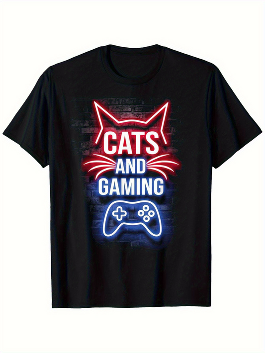 Men's Graphic T-Shirt Cats And Gaming Neon Lights With Cat Outline And Glowing Game Controller