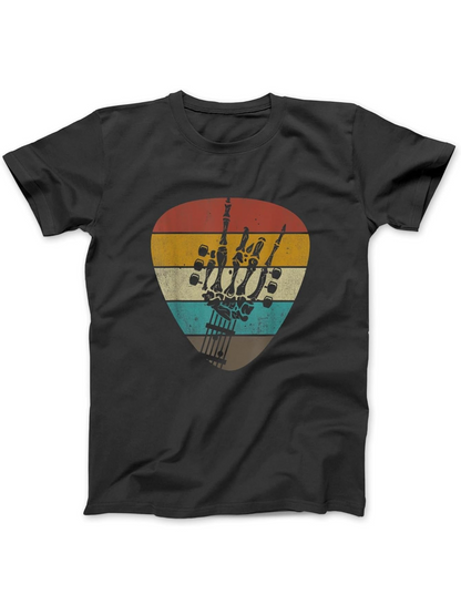 Men's Graphic T-Shirt Retro Striped Colors Surrounding A Guitar Pick And Headstock