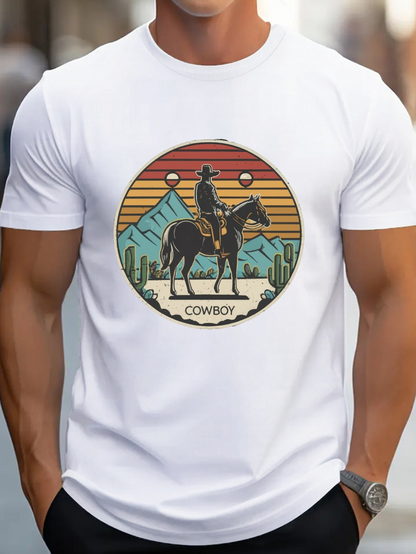 Men's Graphic T-Shirt Cowboy Riding Horse With Desert Mountains Under Sunset Skies