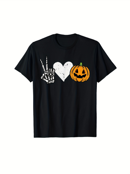 Men's Graphic T-Shirt Halloween Skeleton Hand With Heart And Smiling Pumpkin On Shirt