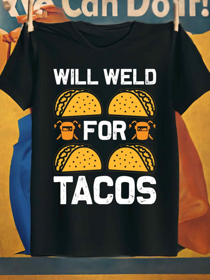 Men's Graphic T-Shirt Will Weld For Tacos Surrounded By Beer Mugs Yellow Taco Shell Graphics T Shirt