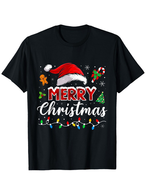 Men's Graphic T-Shirt Merry Christmas Festive Lights Garland Under Santa Hat