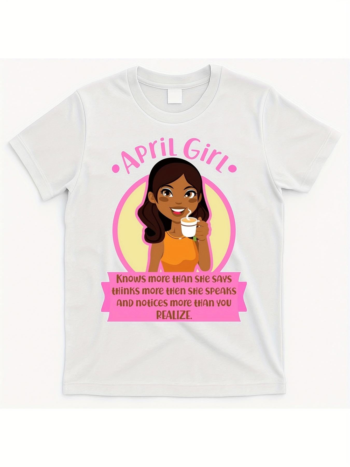 Women's Graphic T-Shirt April Girl With Smiling Girl Surrounded By Pink Badge Cartoon