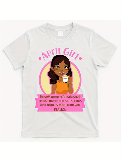 Women's Graphic T-Shirt April Girl With Smiling Girl Surrounded By Pink Badge Cartoon