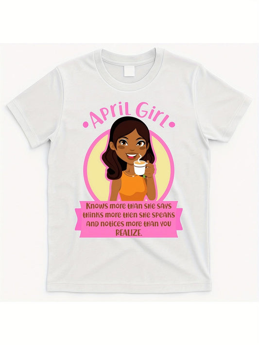 Women's Graphic T-Shirt April Girl With Smiling Girl Surrounded By Pink Badge Cartoon