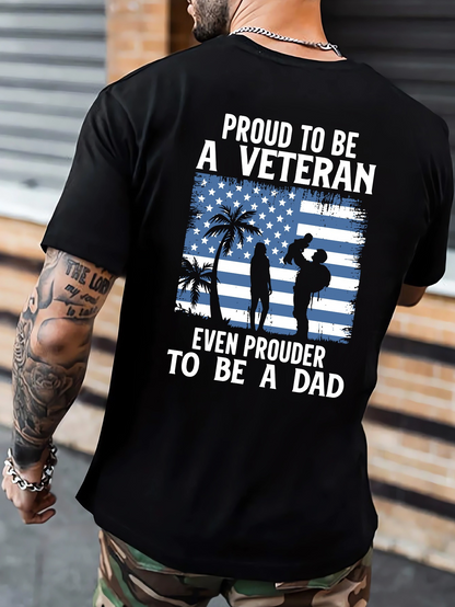 Men's Graphic T-Shirt Proud To Be A Veteran Striped Flag With Soldier Standing Beside Child And Palm Trees