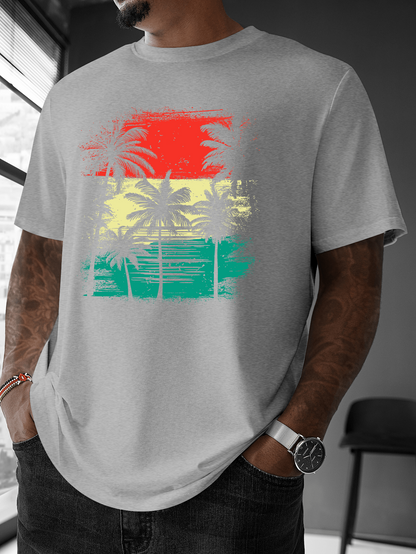 Men's Graphic T-Shirt Colorful Brushstrokes With Silhouetted Palm Trees Under Sunset Sky