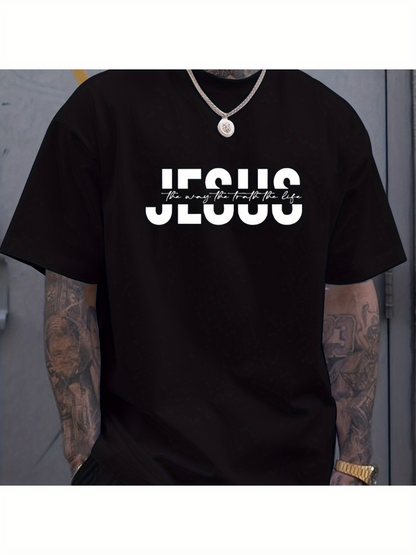 Men's Graphic T-Shirt Bold Expressive Letters With Pure Black Minimalist Religious Jesus