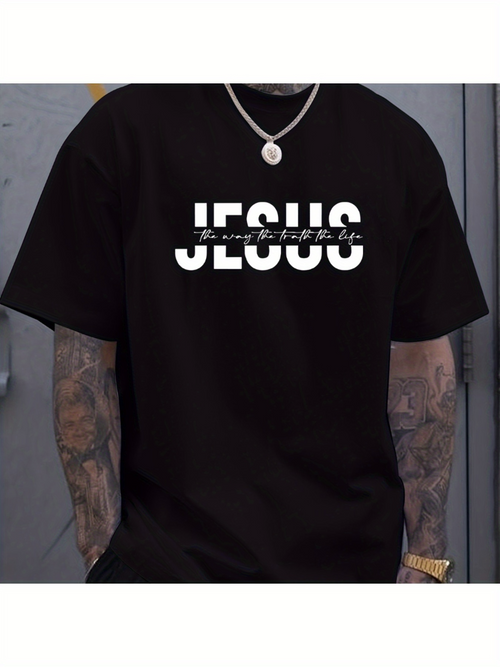Men's Graphic T-Shirt Bold Expressive Letters With Pure Black Minimalist Religious Jesus