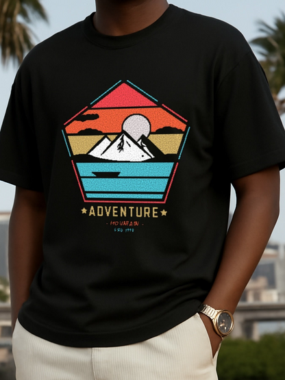 Men's Graphic T-Shirt Adventure Retro Geometric Sunset Mountains With Blue Striped Horizon Sun
