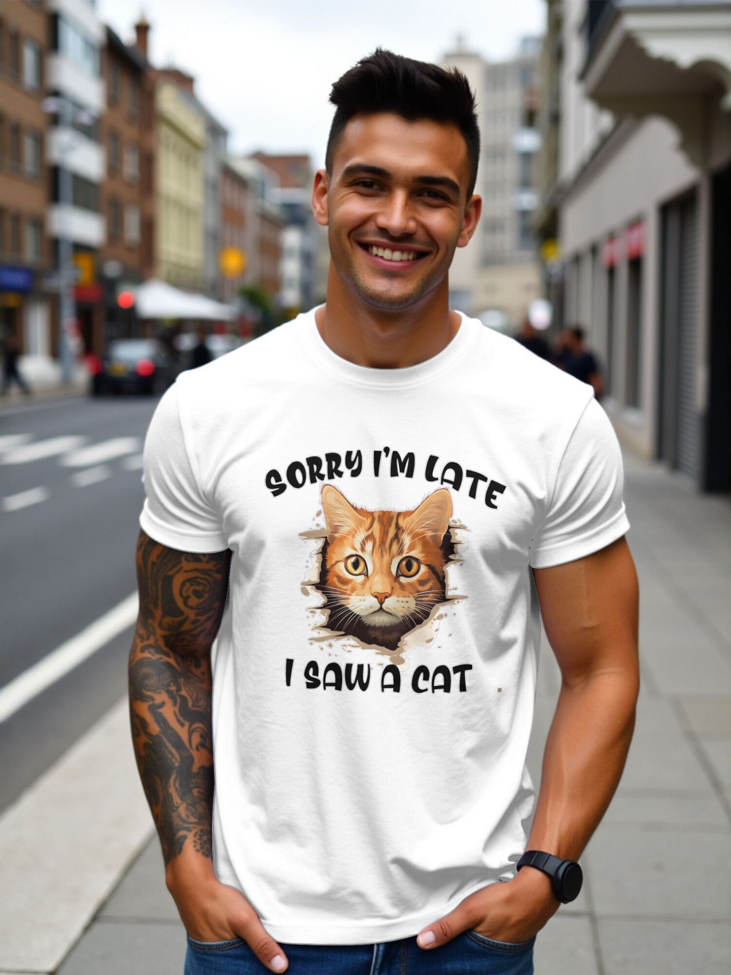 Men's Graphic T-Shirt Sorry Im Late I Saw A Cat With Playful Orange Tabby Face Staring Out