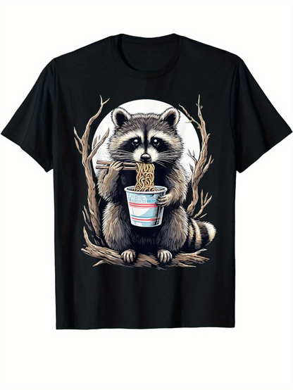 Men's Graphic T-Shirt Rustic Forest With Raccoon Holding Noodles Under Bare Branches