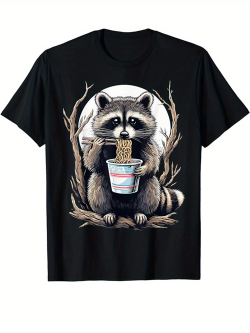 Men's Graphic T-Shirt Rustic Forest With Raccoon Holding Noodles Under Bare Branches