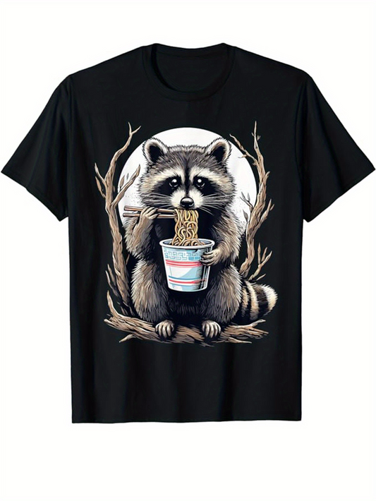Men's Graphic T-Shirt Rustic Forest With Raccoon Holding Noodles Under Bare Branches
