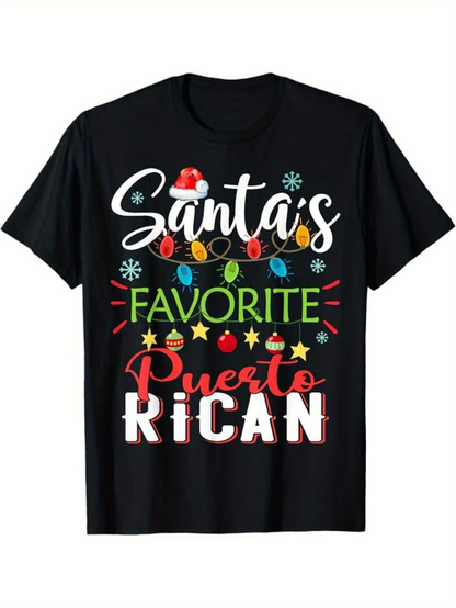 Men's Graphic T-Shirt Santas Favorite Puerto Rican With Festive Christmas Lights And Ornaments T Shirt