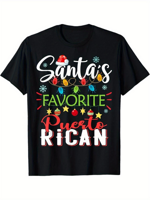 Men's Graphic T-Shirt Santas Favorite Puerto Rican With Festive Christmas Lights And Ornaments T Shirt