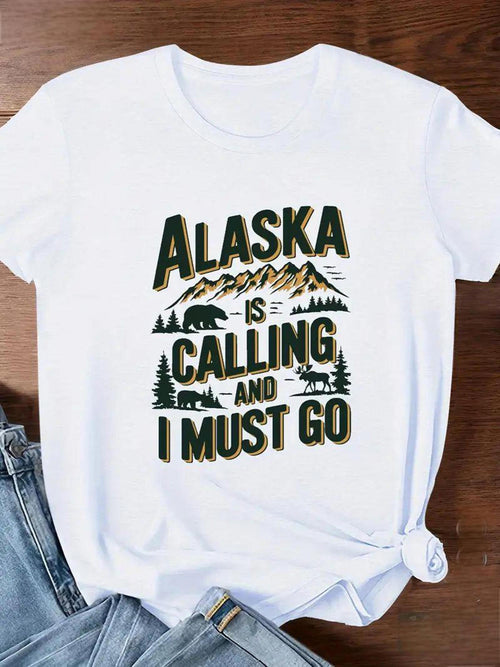Women's Graphic T-Shirt Alaska Is Calling With Forest Bear Mountain And Snowy Landscape