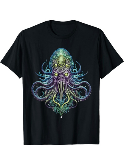 Men's Graphic T-Shirt Bioluminescent Swirling Abstract Colors Over Glowing Ocean Cephalopod Octopus