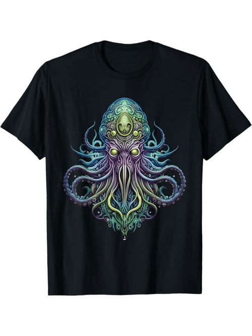 Men's Graphic T-Shirt Bioluminescent Swirling Abstract Colors Over Glowing Ocean Cephalopod Octopus