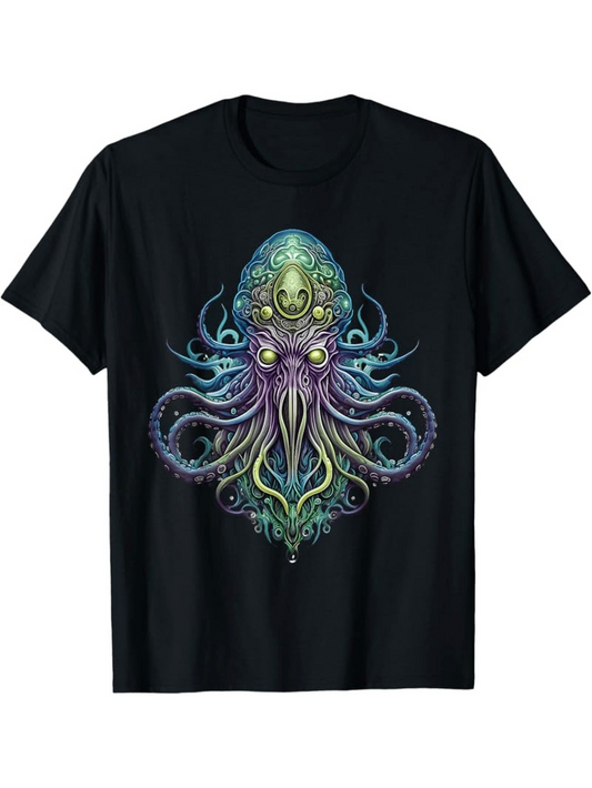 Men's Graphic T-Shirt Bioluminescent Swirling Abstract Colors Over Glowing Ocean Cephalopod Octopus