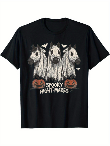 Men's Graphic T-Shirt Spooky Nightmares Ghostly Horses With Pumpkins Bats And Shadows Under Night Sky