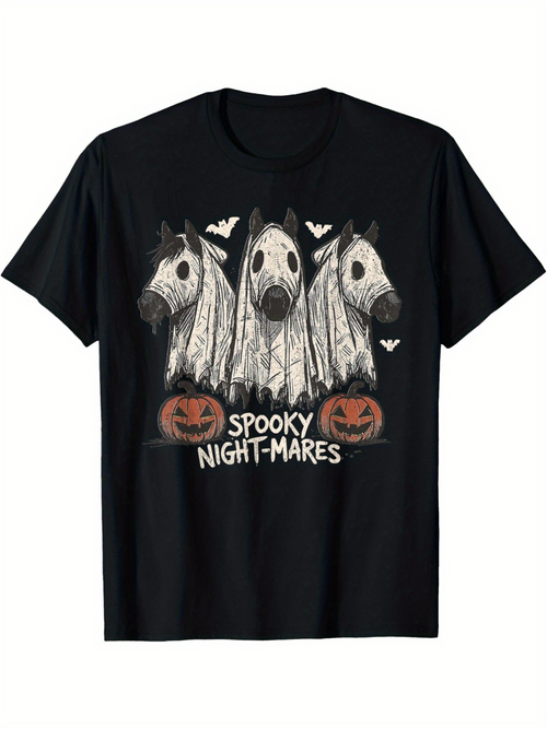 Men's Graphic T-Shirt Spooky Nightmares Ghostly Horses With Pumpkins Bats And Shadows Under Night Sky