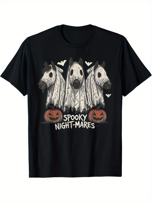 Men's Graphic T-Shirt Spooky Nightmares Ghostly Horses With Pumpkins Bats And Shadows Under Night Sky