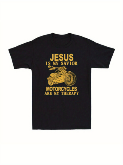 Men's Graphic T-Shirt Jesus Is My Savior Golden Motorcycle With Bold Inspiring Therapy Statement T Shirt