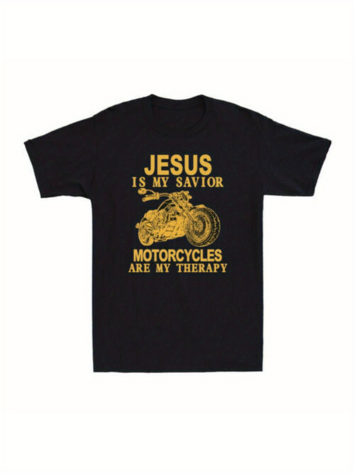 Men's Graphic T-Shirt Jesus Is My Savior Golden Motorcycle With Bold Inspiring Therapy Statement T Shirt