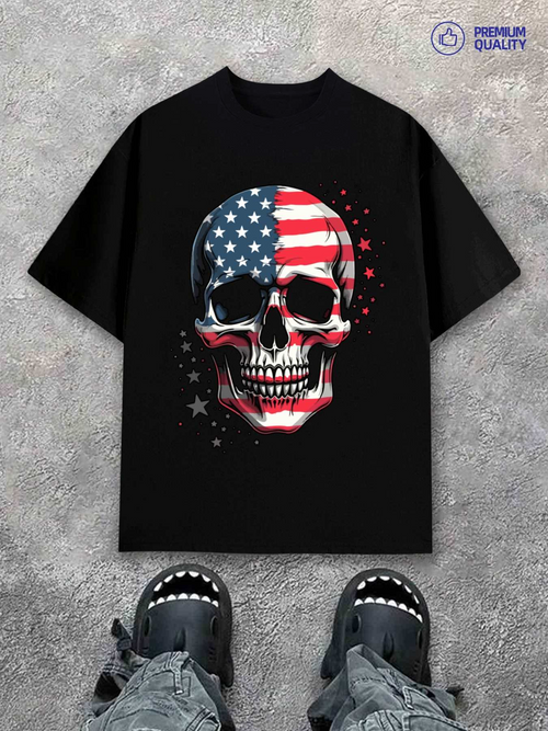 Men's Graphic T-Shirt Patriotic Skull With American Flag Pattern And Grunge Texture Skull