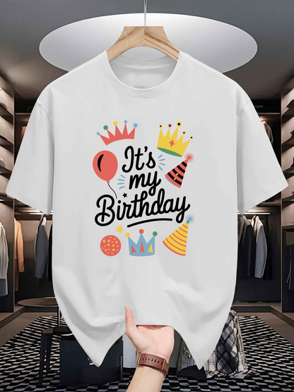 Men's Graphic T-Shirt Its My Birthday With Party Crowns And Festive Balloons