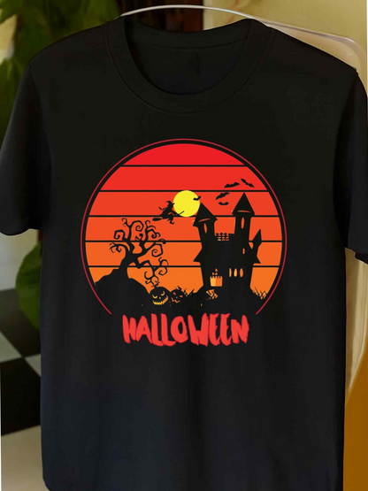 Men's Graphic T-Shirt Halloween Moon With Flying Witch Spooky Trees And Haunted Castle Scene