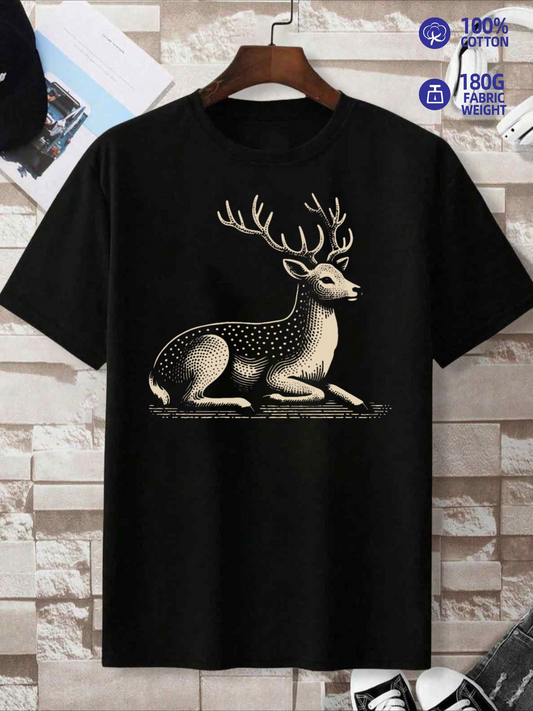 Men's Graphic T-Shirt Vintage Realistic Spotted Forest Deer Resting Calmly Under Sunlight Deer
