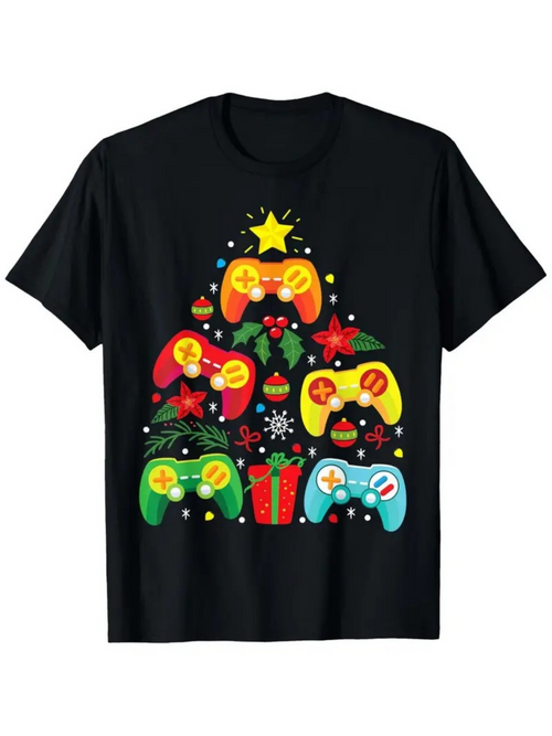 Men's Graphic T-Shirt Festive Holiday Tree With Colorful Game Controllers And Winter Gifts Tree
