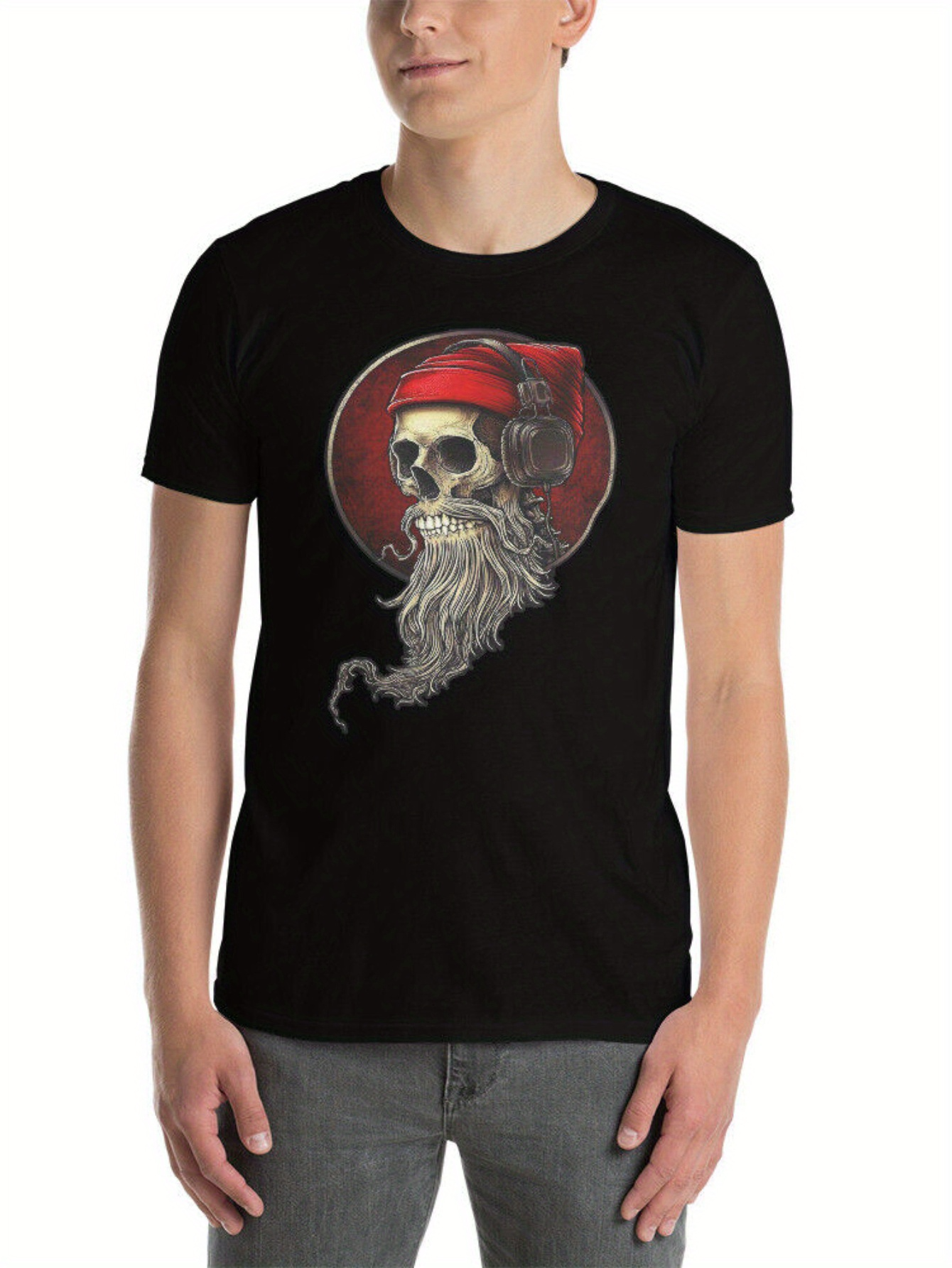 Men's Graphic T-Shirt Worn Red Headphones On Pirate Bearded Skull Graphic T Shirt