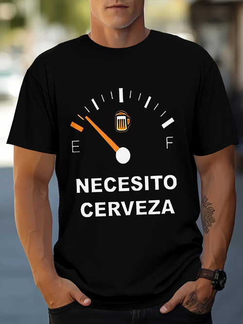 Men's Graphic T-Shirt Fuel Gauge Motif With Empty Mark And Beer Glass Illustration