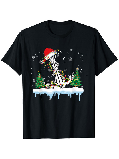 Men's Graphic T-Shirt Festive Anchor With Christmas Lights Between Snowy Evergreen Trees Anchor