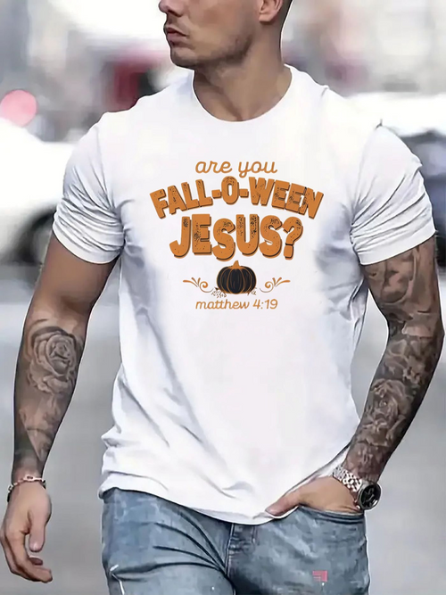 Men's Graphic T-Shirt Are You Fall O Ween Jesus Text With Small Pumpkin Graphic