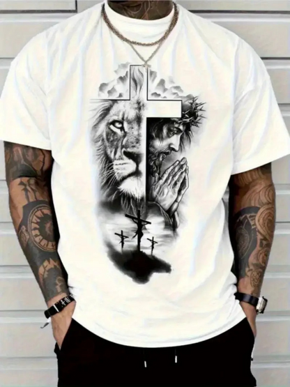 Men's Graphic T-Shirt Dramatic Clouds With Roaring Lion Praying Jesus And Crosses