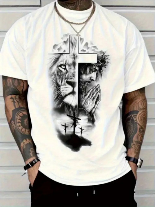 Men's Graphic T-Shirt Dramatic Clouds With Roaring Lion Praying Jesus And Crosses