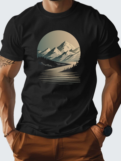 Men's Graphic T-Shirt Golden Sunlight Over Snowy Peaks With Lake Reflection Mountains
