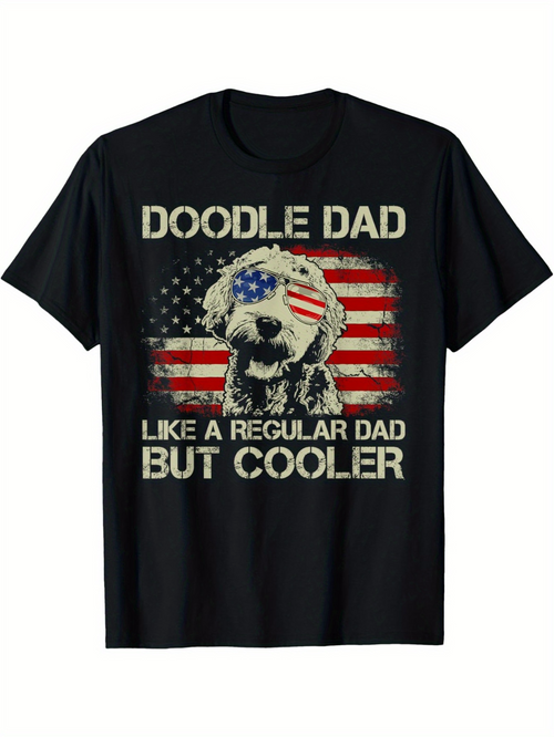 Men's Graphic T-Shirt Doodle Dad Patriotic Dog With American Flag Behind The Cute Fluffy Puppy