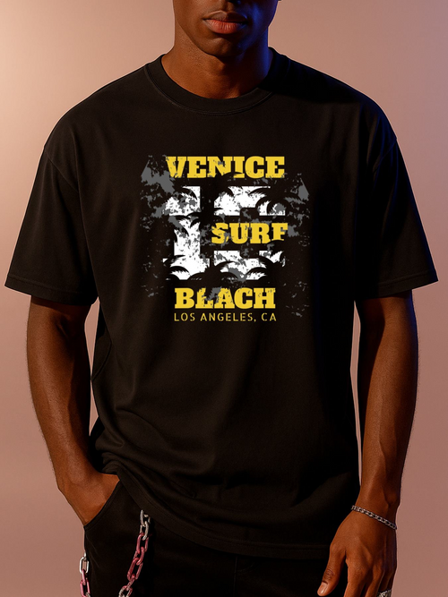 Men's Graphic T-Shirt Venice Surf Black With Los Angeles Scenery Under Palm Shadows Beach