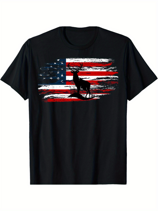 Men's Graphic T-Shirt Silhouetted Deer Standing In Front Of The American Flag Design